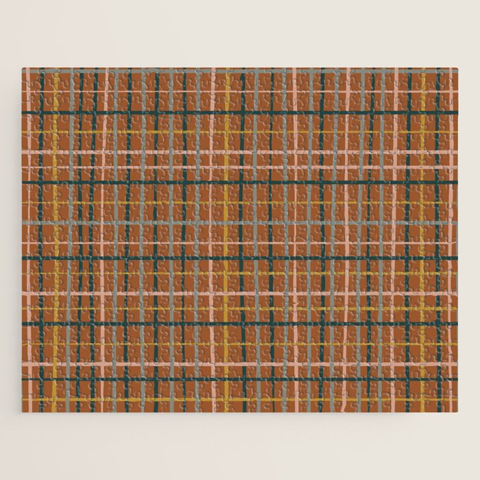 Retro Modern Boho Tartan Plaid Rust Navy Blush Mustard Gray Jigsaw Puzzle Gallery Image 1