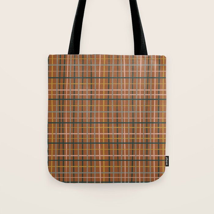 Retro Modern Boho Tartan Plaid Rust Navy Blush Mustard Gray Tote Bag Gallery Image 1