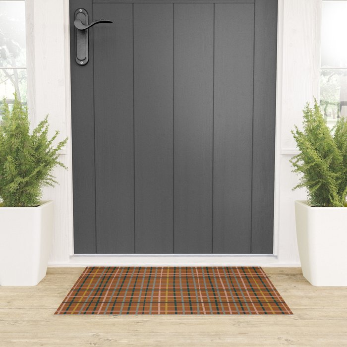 Retro Modern Boho Tartan Plaid Rust Navy Blush Mustard Gray Welcome Mat Gallery Image 3