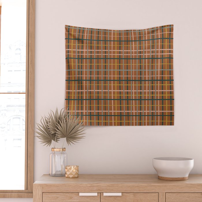 Retro Modern Boho Tartan Plaid Rust Navy Blush Mustard Gray Wall Tapestry Gallery Image 2