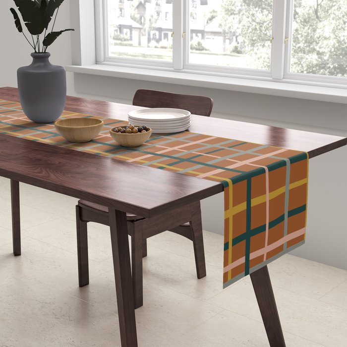 Retro Modern Boho Tartan Plaid Rust Navy Blush Mustard Gray Table Runner Gallery Image 2