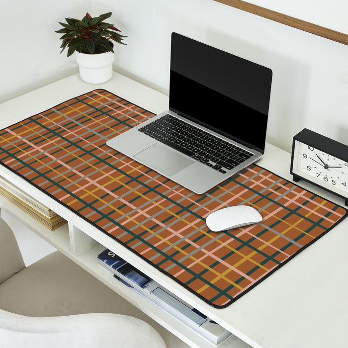 Retro Modern Boho Tartan Plaid Rust Navy Blush Mustard Gray Desk Mat Gallery Image 2