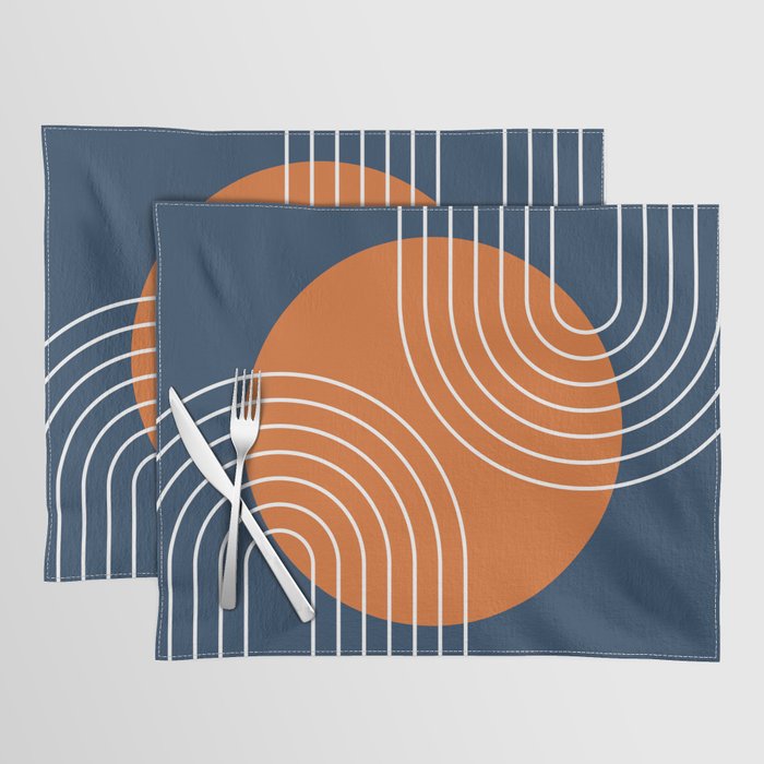 Mid Century Modern Geometric 161 Sun Rainbow abstract in Navy Blue Orange Placemat Gallery Image 1