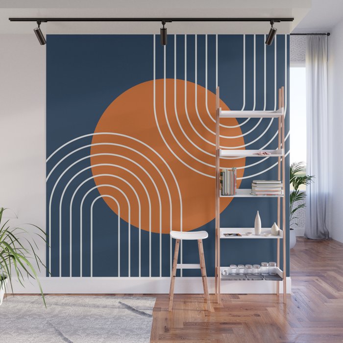 Mid Century Modern Geometric 161 Sun Rainbow abstract in Navy Blue Orange Wall Mural Gallery Image 1