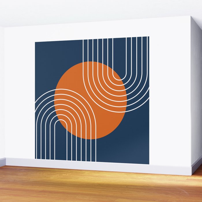 Mid Century Modern Geometric 161 Sun Rainbow abstract in Navy Blue Orange Wall Mural Gallery Image 2