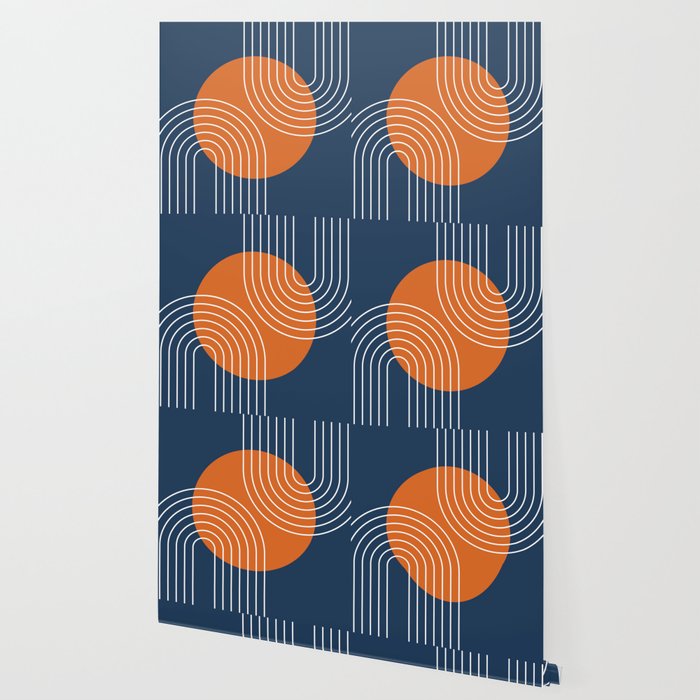 Mid Century Modern Geometric 161 Sun Rainbow abstract in Navy Blue Orange Wallpaper Gallery Image 2