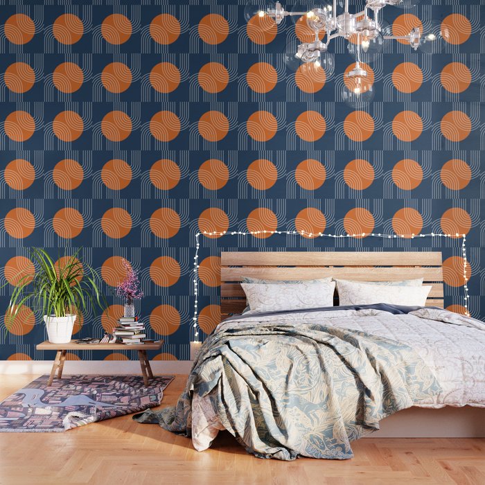 Mid Century Modern Geometric 161 Sun Rainbow abstract in Navy Blue Orange Wallpaper Gallery Image 3