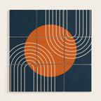 Mid Century Modern Geometric 161 Sun Rainbow abstract in Navy Blue Orange Wood Wall Art Gallery Image 1