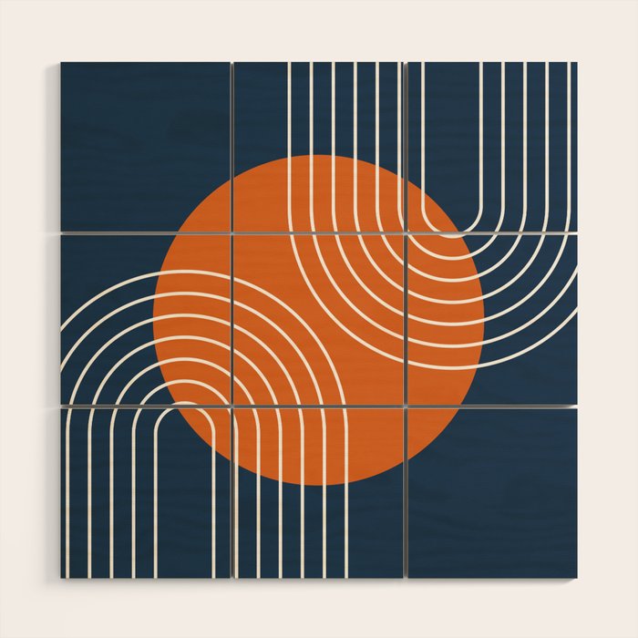 Mid Century Modern Geometric 161 Sun Rainbow abstract in Navy Blue Orange Wood Wall Art Gallery Image 1