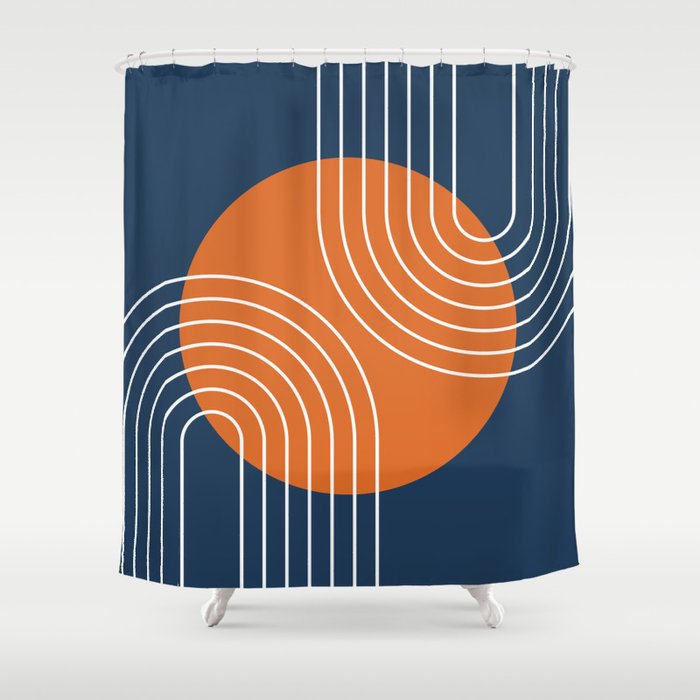 Mid Century Modern Geometric 161 Sun Rainbow abstract in Navy Blue Orange Shower Curtain Gallery Image 1