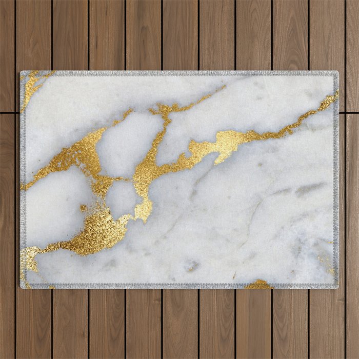 White and Gray Marble and Gold Metal foil Glitter Effect Outdoor Rug Gallery Image 1