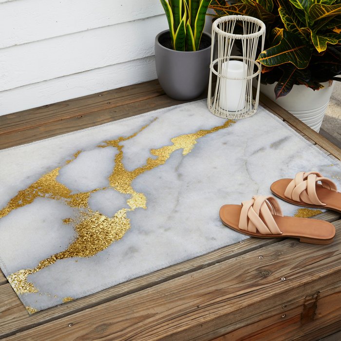 White and Gray Marble and Gold Metal foil Glitter Effect Outdoor Rug Gallery Image 2