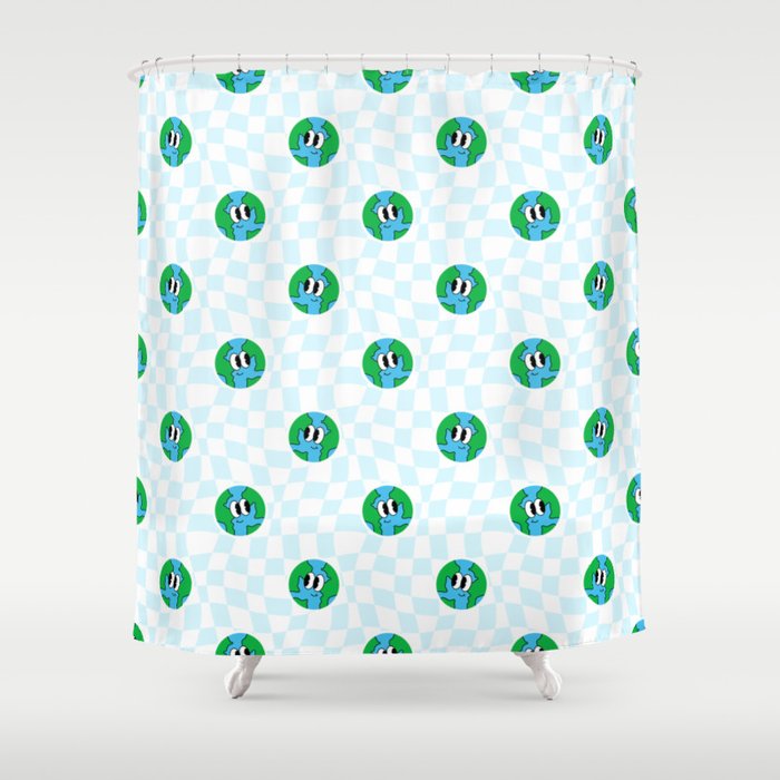 Retro cartoon earth planet checkered pattern Shower Curtain Gallery Image 1