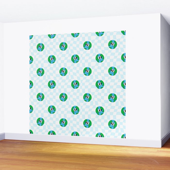 Retro cartoon earth planet checkered pattern Wall Mural Gallery Image 2