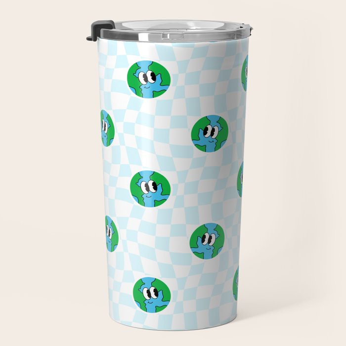 Retro cartoon earth planet checkered pattern Travel Mug Gallery Image 3