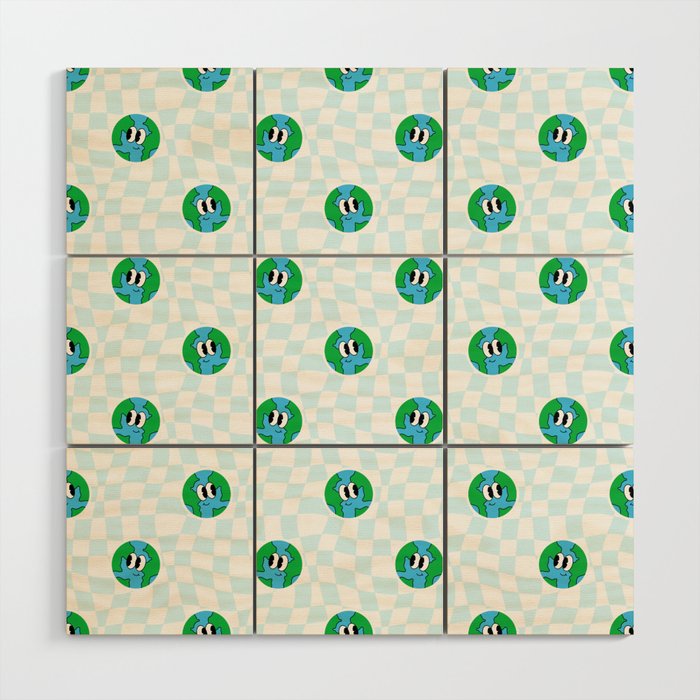 Retro cartoon earth planet checkered pattern Wood Wall Art Gallery Image 1