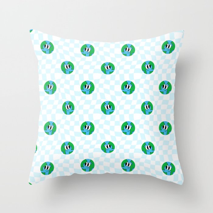 Retro cartoon earth planet checkered pattern Throw Pillow Gallery Image 6