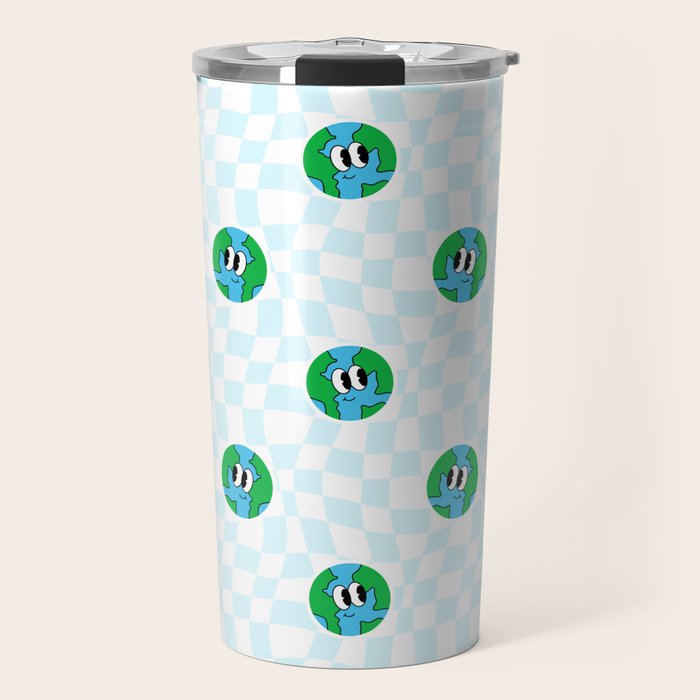 Retro cartoon earth planet checkered pattern Travel Mug Gallery Image 1