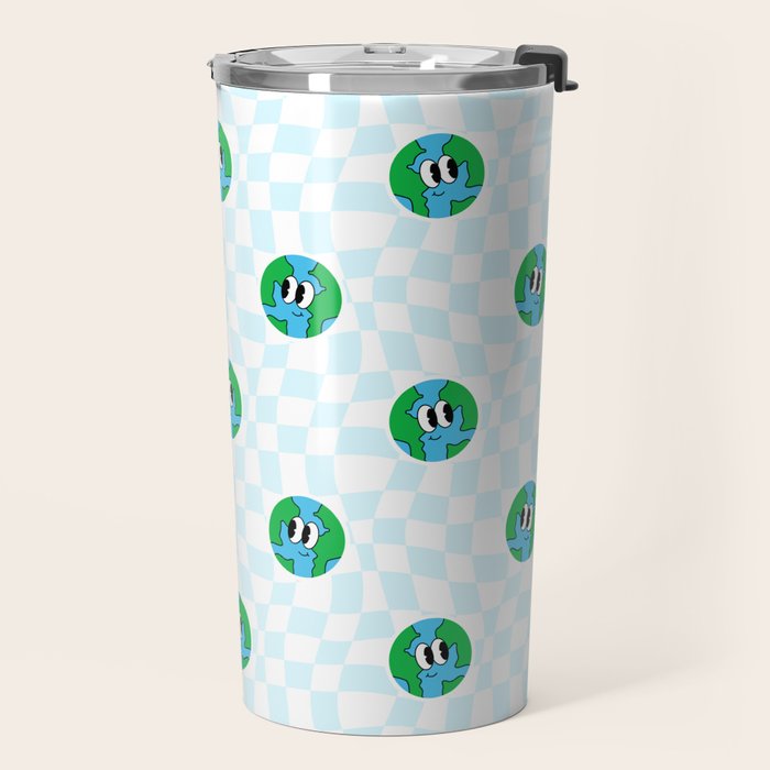 Retro cartoon earth planet checkered pattern Travel Mug Gallery Image 2