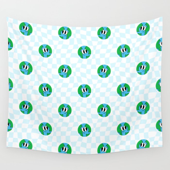 Retro cartoon earth planet checkered pattern Wall Tapestry Gallery Image 4