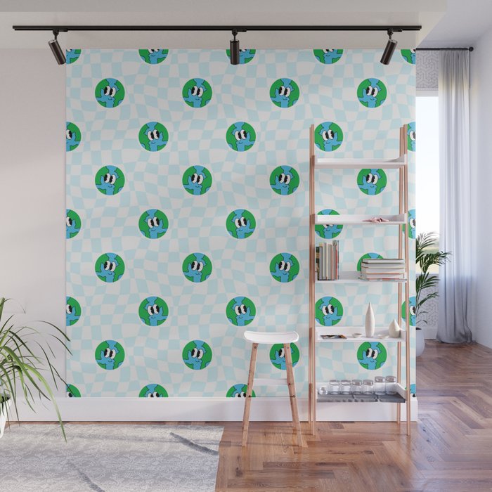 Retro cartoon earth planet checkered pattern Wall Mural Gallery Image 1