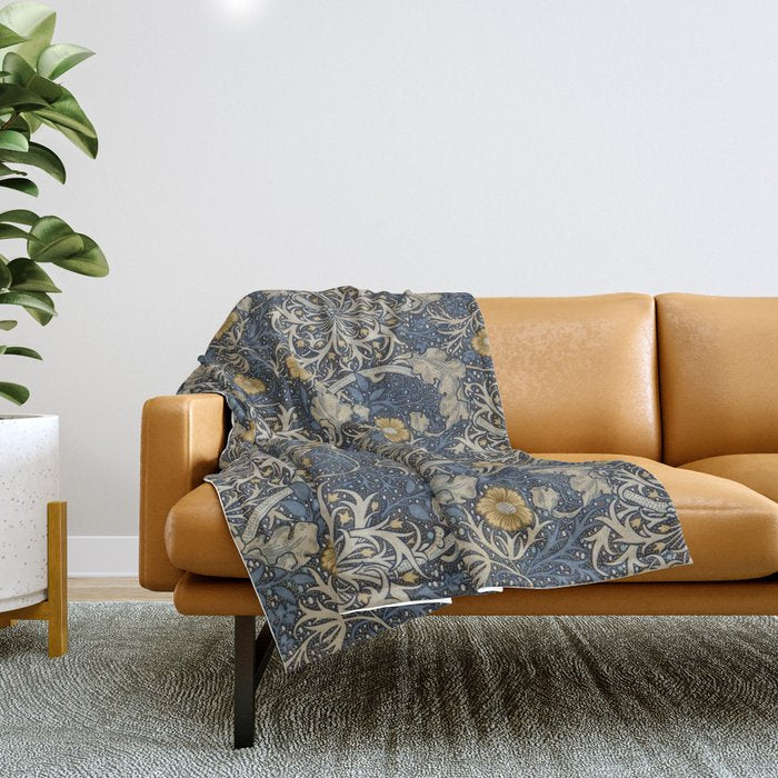 William Morris Seaweed Ink Woad Blue Throw Blanket Gallery Image 1