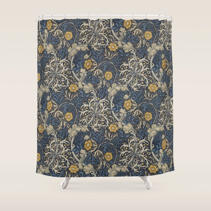 William Morris Seaweed Ink Woad Blue Shower Curtain Gallery Image 1