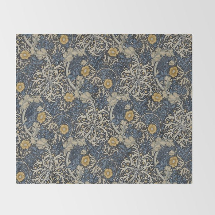 William Morris Seaweed Ink Woad Blue Throw Blanket Gallery Image 2