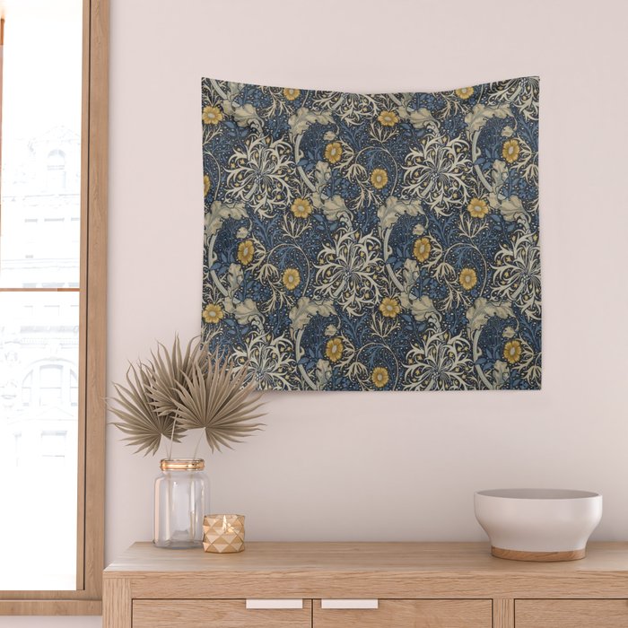William Morris Seaweed Ink Woad Blue Wall Tapestry Gallery Image 2