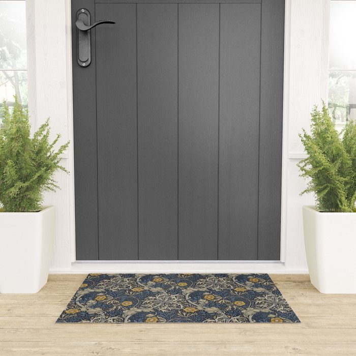 William Morris Seaweed Ink Woad Blue Welcome Mat Gallery Image 3
