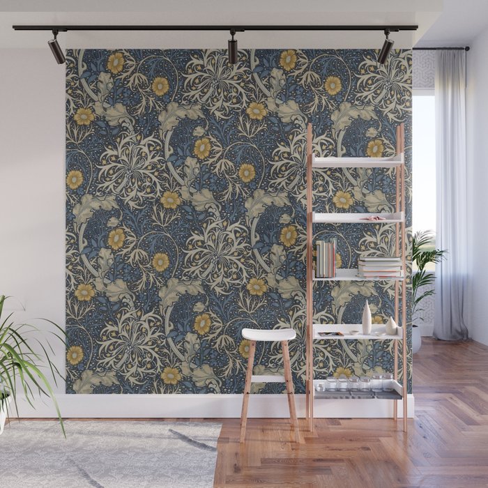 William Morris Seaweed Ink Woad Blue Wall Mural Gallery Image 1