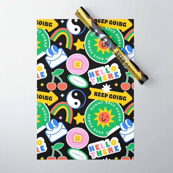 Retro cartoon sticker label pattern Wrapping Paper Gallery Image 1