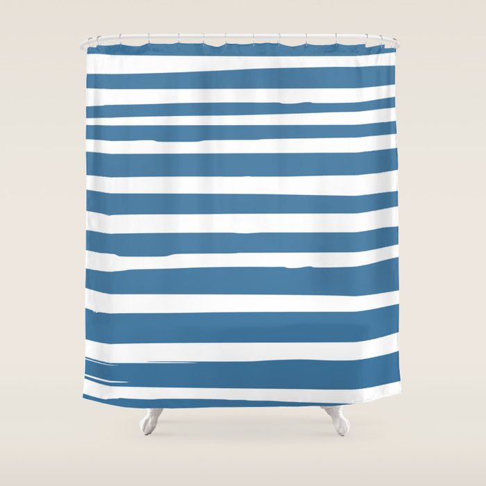 Ocean Stripes, Abstract, Blue and White, Striped Pattern Shower Curtain Gallery Image 1
