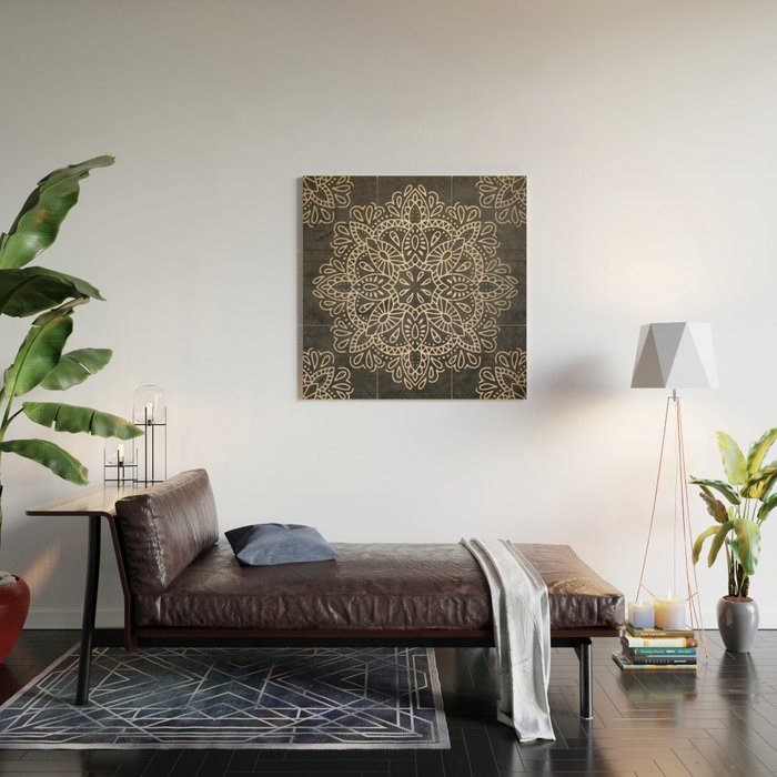 Mandala White Gold on Dark Gray Wood Wall Art Gallery Image 2