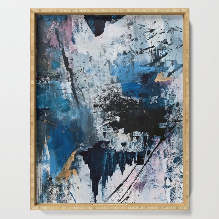 Breathe: colorful abstract in black, blue, purple, gold and white Serving Tray Gallery Image 1