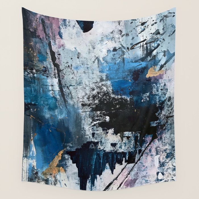 Breathe: colorful abstract in black, blue, purple, gold and white Wall Tapestry Gallery Image 1