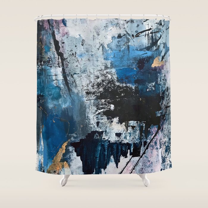 Breathe: colorful abstract in black, blue, purple, gold and white Shower Curtain Gallery Image 1