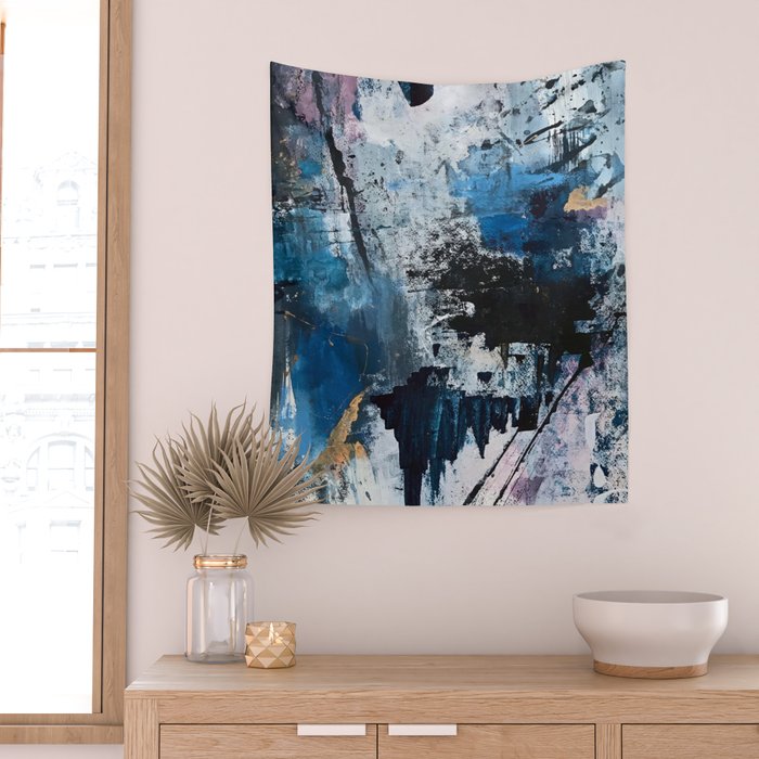 Breathe: colorful abstract in black, blue, purple, gold and white Wall Tapestry Gallery Image 2