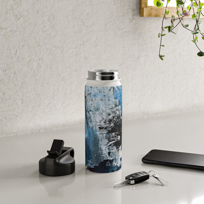 Breathe: colorful abstract in black, blue, purple, gold and white Water Bottle Gallery Image 5