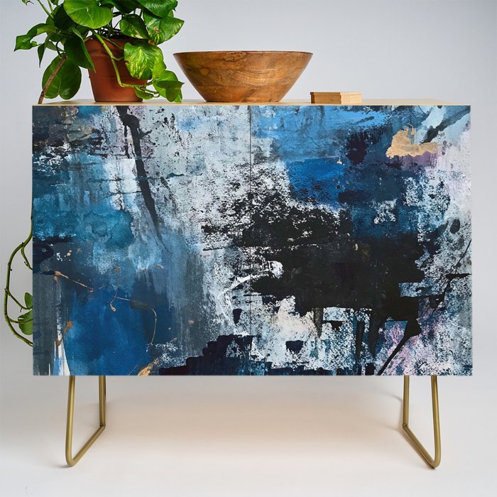 Breathe: colorful abstract in black, blue, purple, gold and white Credenza Gallery Image 1