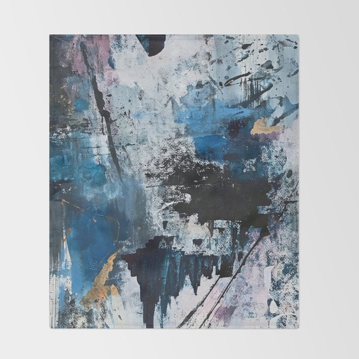 Breathe: colorful abstract in black, blue, purple, gold and white Throw Blanket Gallery Image 2