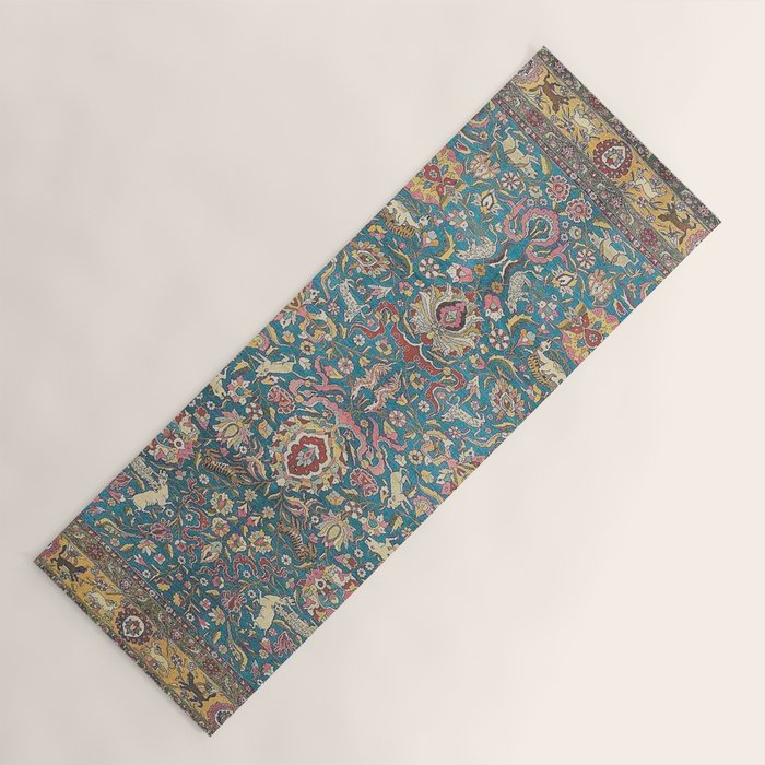 Antique Golden Blue Tehran Persian Rug Yoga Mat Gallery Image 1