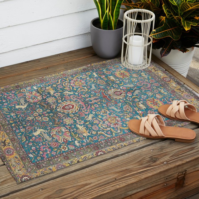 Antique Golden Blue Tehran Persian Rug Outdoor Rug Gallery Image 2