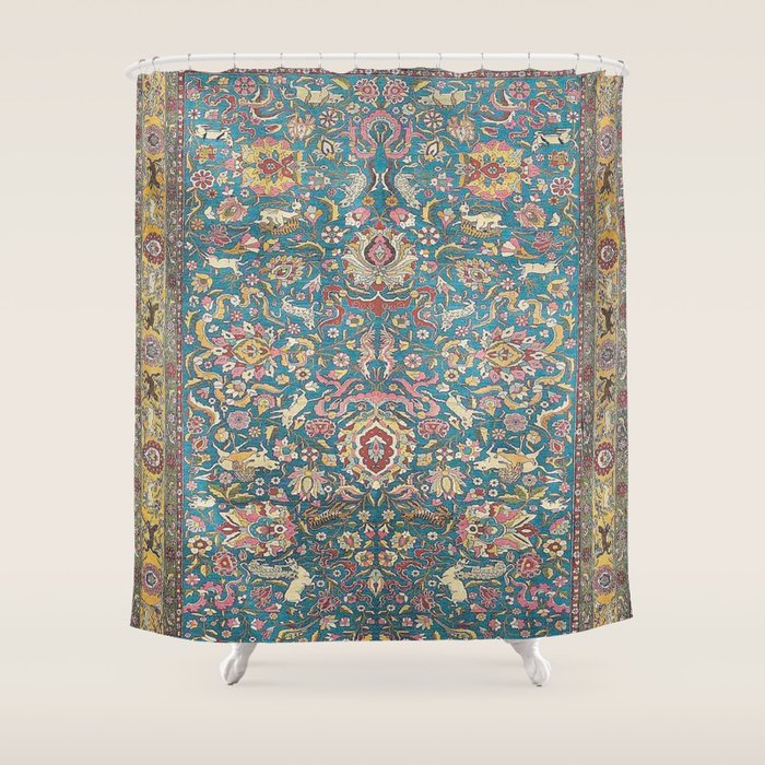Antique Golden Blue Tehran Persian Rug Shower Curtain Gallery Image 1