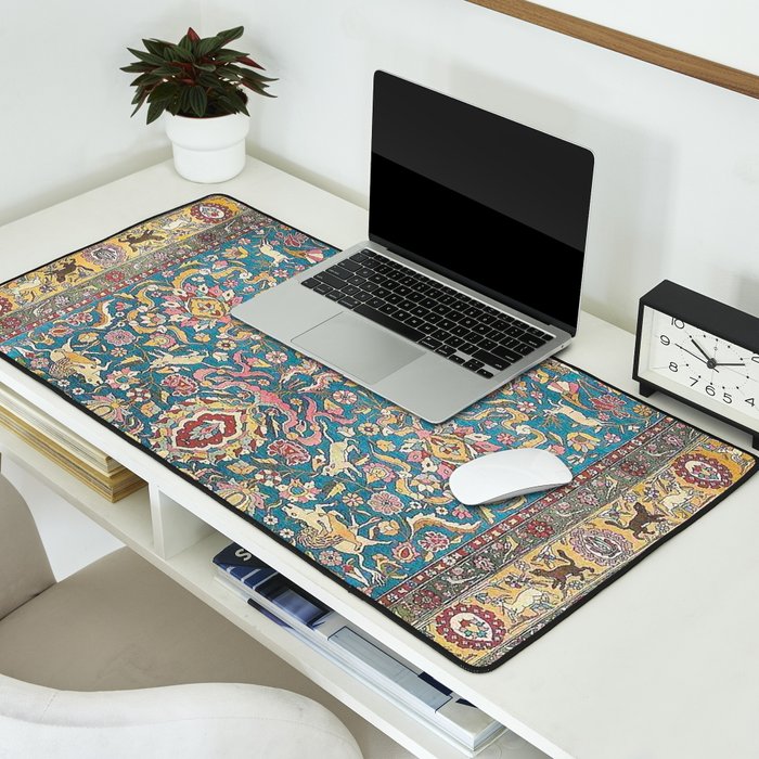 Antique Golden Blue Tehran Persian Rug Desk Mat Gallery Image 2