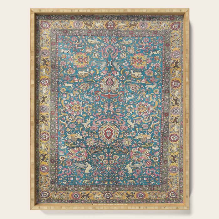 Antique Golden Blue Tehran Persian Rug Serving Tray Gallery Image 1