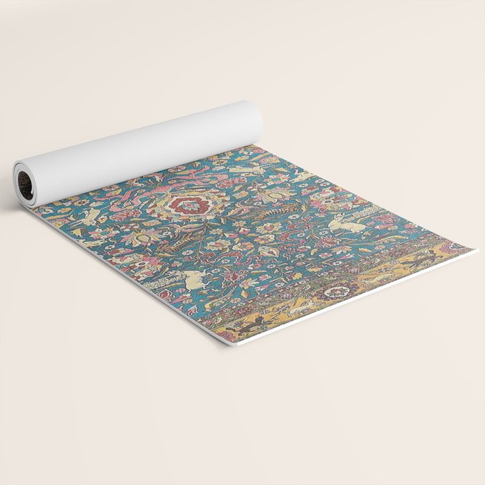 Antique Golden Blue Tehran Persian Rug Yoga Mat Gallery Image 2