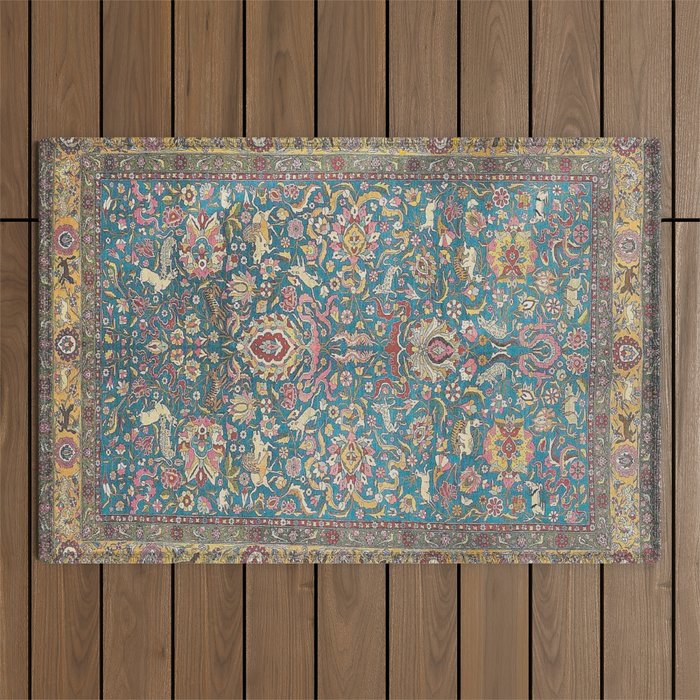 Antique Golden Blue Tehran Persian Rug Outdoor Rug Gallery Image 1