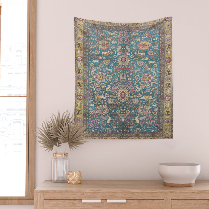 Antique Golden Blue Tehran Persian Rug Wall Tapestry Gallery Image 2