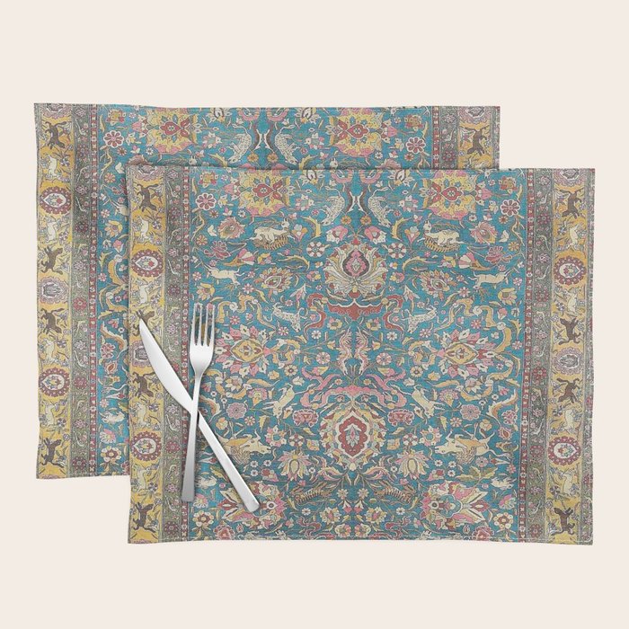 Antique Golden Blue Tehran Persian Rug Placemat Gallery Image 1